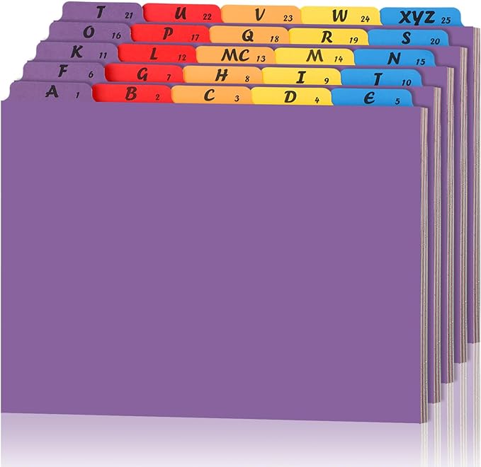 Noveread 1 Set 25 Alphabet File Dividers A-Z Tab Letter Size 1/5 Cut Tab Positions Alphabetical Number File Folder Organizer Guides Cabinet and Desk Dividers for School Office (Modern Colors)
