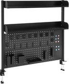 Dlinanta Clamp-On Pegboard Desk Organizer, 2-Tier Clamp On Desk Shelf with Hooks, Office Accessory Organizer for Books, Office Supplies & DIY Storage, 16.5lbs Capacity, 39.37" x 37.4", Black