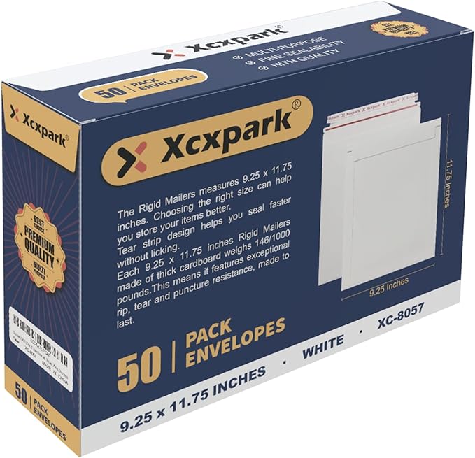 Xxcxpark 50 Pack Rigid Mailers 9.25 x 11.75 inches, Self Seal Photo Document Mailers Premium Cardboard Keep Flat Envelopes for Photos, Pictures, Papers, Files, CD