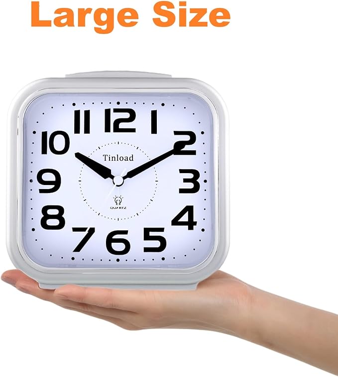 Tinload 5.5" Large Analog Alarm Clock Silent Non Ticking, Gentle Wake, Beep Sounds, Increasing Volume, Battery Operated Snooze and Manual Light, Easy Set, Silver