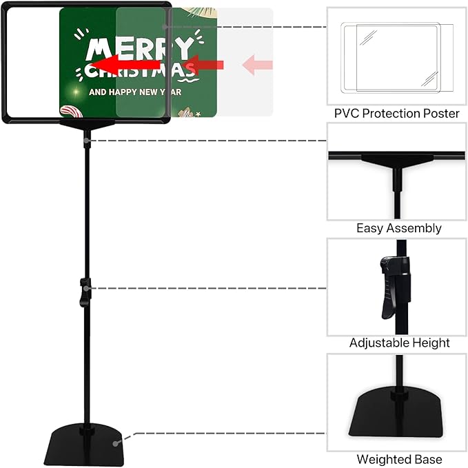 Sign Holder, Sign Stand with Adjustable Height Snap Open, Reusable Sign Holder 8.5x11 Inch, Vertical and Horizontal View Sign Holder Stand (Black, 4 Pack)