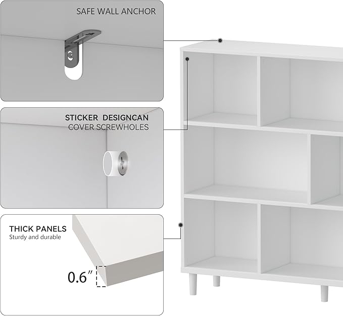 Chyanmoo Wood Cube Storage Organizer White Bookshelf - 3-Tier Freestanding Storage Cabinet with Legs for Home Office, 8-Cubes Open Shelf