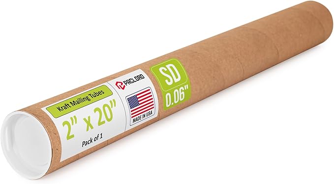 Paclord 2" x 20" Reinforced Kraft Paper Mailing Tube, Pack of 1 Tube with 2 Caps – Secure USPS Approved – Cardboard Mailer for Shipping and Storing Posters, Prints, Artwork, or Documents