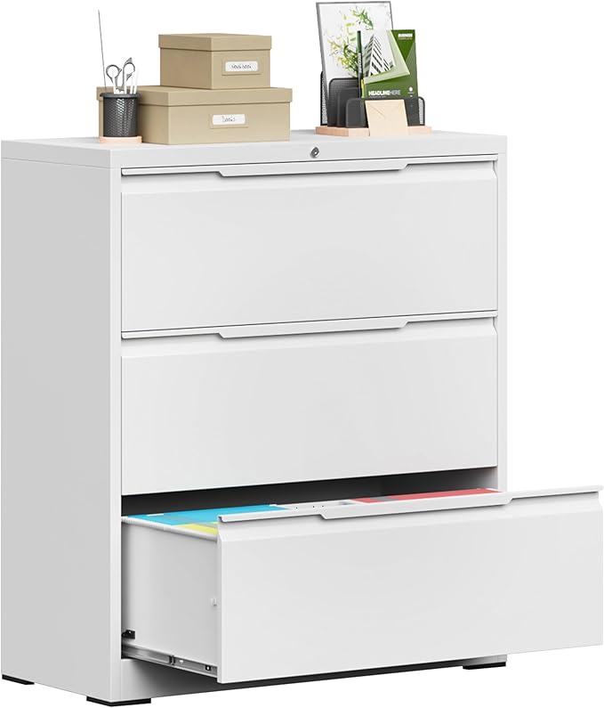 Bestoo 3-Drawer File Cabinet with Lock, Metal Filing Cabinet for Home Office, Lateral Filing Storage Cabinets, Fits File Folders, Letter/Legal/F4/A4 Size, Assembly Required (White)
