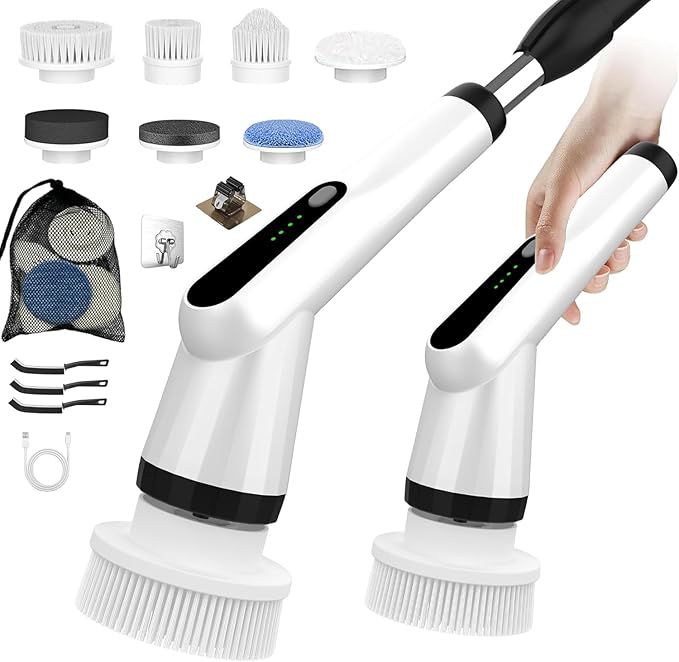 WKY-Electric Spin Scrubber - Upgraded 10-in-1 IPX7 Waterproof Shower Scrubber, Retractable Handle & 2-Speed for Toilet, Bathroom, Bathtub, Tile Floors