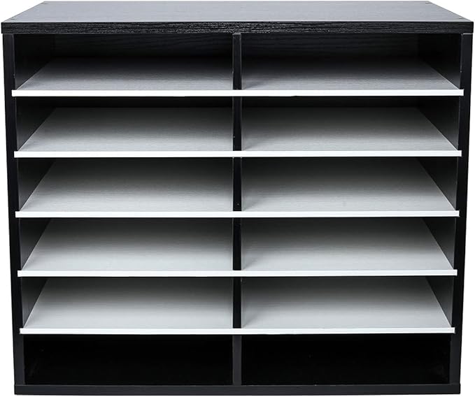 EasyPAG Wooden Literature Organizer with Adjustable Shelves, 12 Compartments Office Paper Organizer Storage 6000 Sheets Letter Size Paper, Student Mailbox for Classroom, Black/White