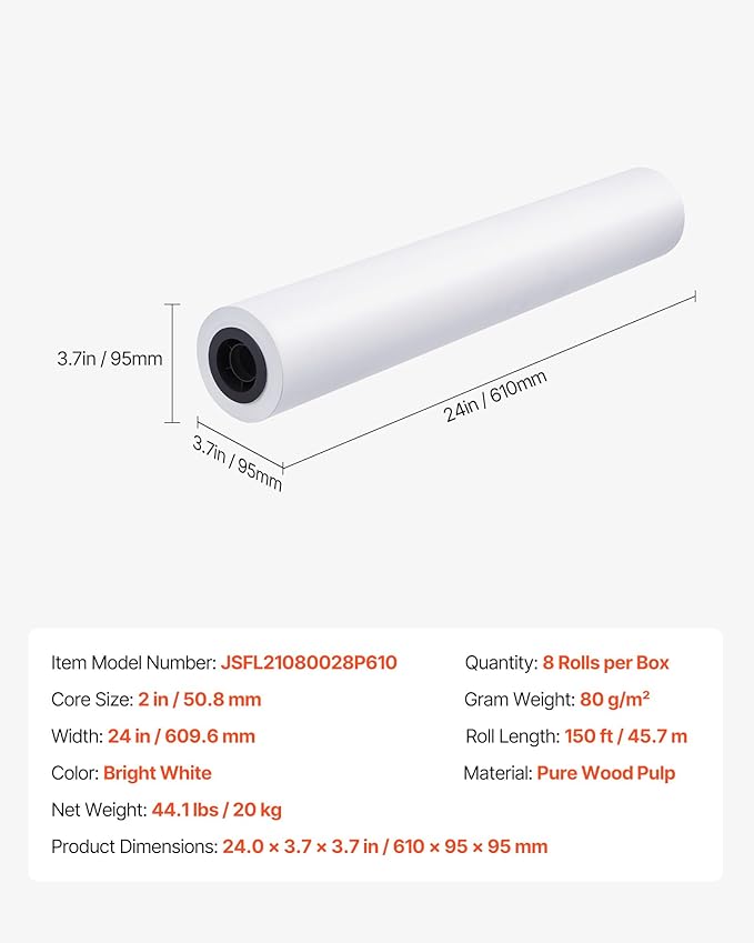 VEVOR Wide Format Paper, 24 in x 150 ft Plotter Roll, 8 Rolls CAD Bond Rolls with 2 in Core, 20 LB Bond Paper Rolls, Ideal for CAD Drawings, Engineering Plans, GIS Maps, and Architectural Designs