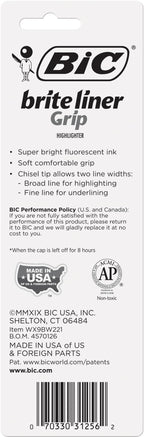 BIC Brite Liner Grip Highlighters, Chisel Tip (1.6 mm), Classic Yellow, 2-Count Pack, Best Highlighters for School Supplies and Office Supplies