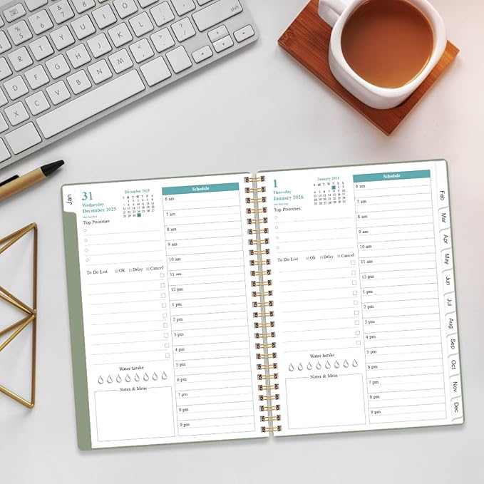 Daily Planner 2026 Full Page Per Day- 2026 Daily & Monthly Planner from January 2026 to December 2026, Day Planner 2026 with 12 Months Tabs, 6.4" x 8,5", Green