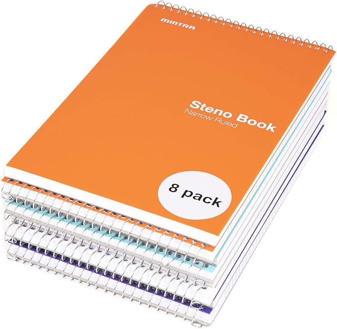 Mintra Office Steno Book - (BRIGHTS - Purp/Wht/Teal/Orange) - Poly Cover, 6" x 9", 100 sheets, Narrow Ruled for Writing Notes for school, office, work, 6x9 steno notepad, top bound spiral (8 PACK)
