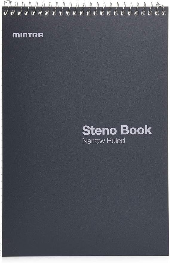 Mintra Office Steno Books (Poly Steno 8pk (Arctic Ice, Green Olive, Charcoal), Narrow Ruled) - Poly Cover, 6" x 9", 100 sheets for Writing Notes for school, office, work, 6x9 steno notepad, top bound spiral (8 PACK)