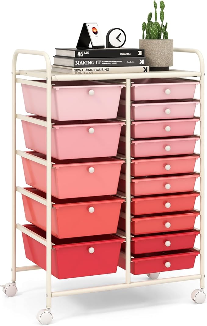 LDAILY 15 Drawer Rolling Storage Cart, Rolling Cart with Drawers for Classroom, Art Supply Craft Organizer on Wheel with Metal Frame & Handles for Home Office School