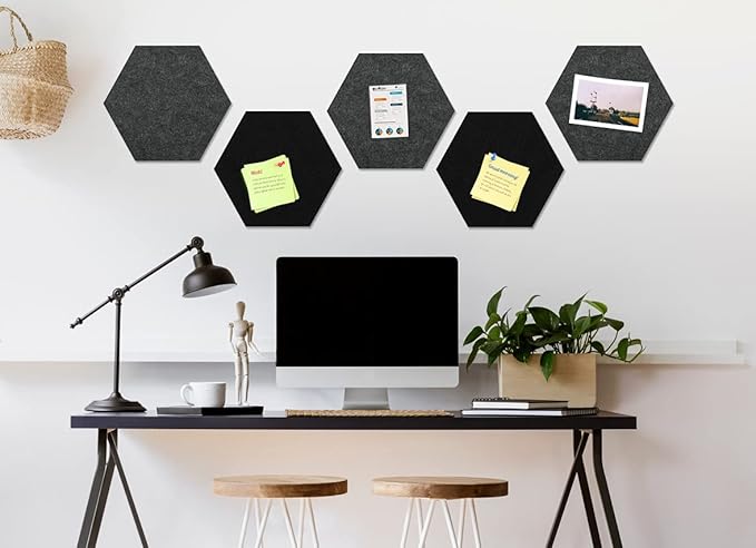 Uoisaiko 12" Large Bulletin Board with 30 Push Pins, Pack of 8 Hexagon Felt Pin Board Notice Boards for Home Office, Felt Wall Tiles for Photos Memos