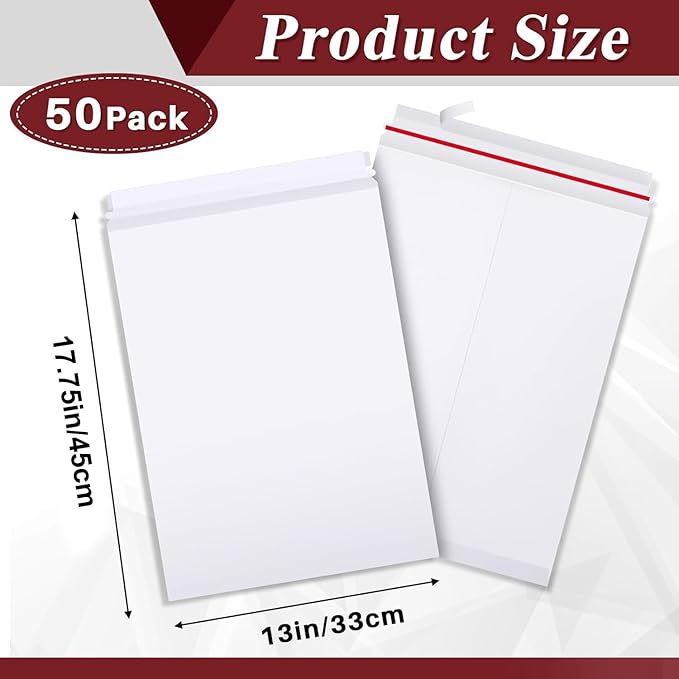 ReliThick 50 Pcs 13 x 17.75 Inch Large Rigid Mailer Self Photo Document Mailers Adhesive Stay Flat White Cardboard Envelopes White Kraft Envelopes for Art Prints Cd Photos Document
