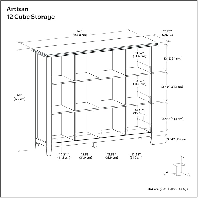 SIMPLIHOME Artisan Bookcase - 57 inch Tall 12-Cube Solid Wood Cube Organizer in Honey Brown, Transitional Storage Bookcase for Living Room, Study Room or Office with Fixed Shelves and Tapered Legs
