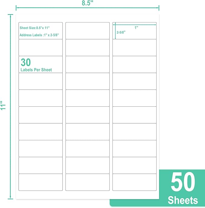 L LIKED Printable Address Labels, 1" x 2-5/8", 1,500 Labels, 30 per Sheet, Mailing Labels for Envelopes (50 Sheets)