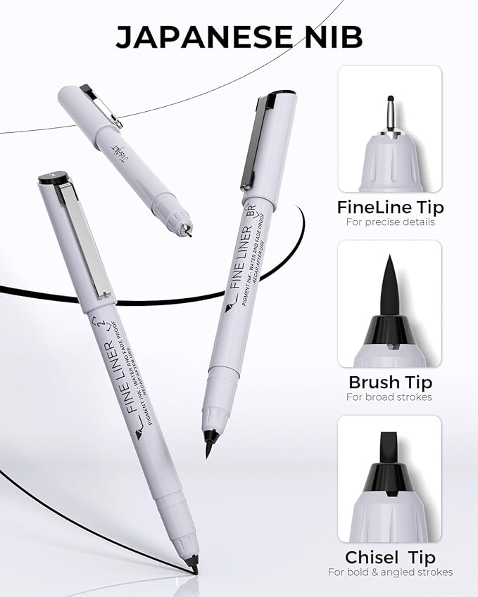 JusArt Fineliner Pens, Ultra Fine, Fine, Brush & Chisel, 12 Size, Waterproof Black Pigment Pen for Artists, Crafters, Illustration, Sketching, Writing, Journaling, Bible Note, Technical Drawing pens
