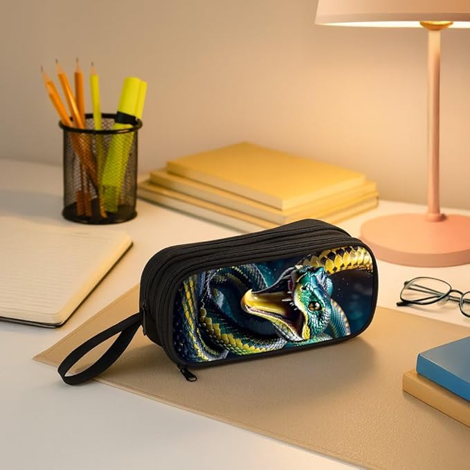 HiMagics Children's Pencil Case, Large Zipper Pencil Pouch for Boys with Two Compartments Boys Pen Pouch for School Snake Pattern Pencil Bag, Black