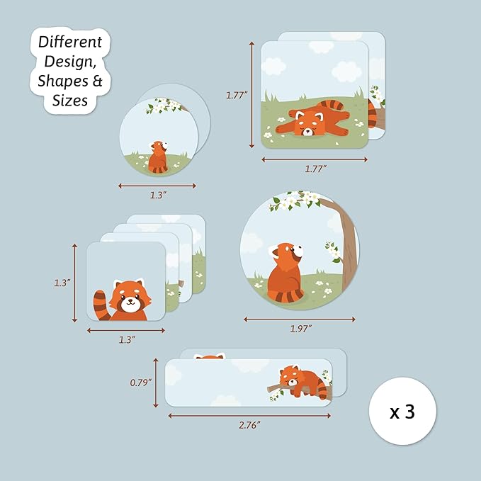 Large Name Labels for Kids (33) - Custom Stickers for Daycare and School Supplies - Durable, Waterproof Stickers for Water Bottles, Lunch Boxes, and More with Unique Designs - Red Panda