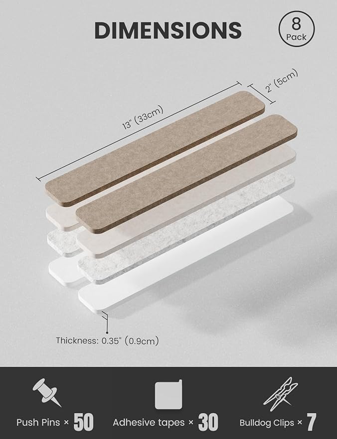 Cork Board Alternative Felt Strip Board 8-Pack 13"x2", Office Pin Board with 50 Push Pins, Adhesive Install for Bedroom Door & Home Office(Stone Beige)