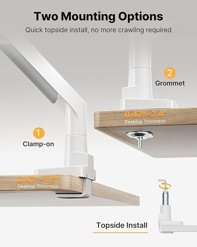 monTEK Sleek Aluminum Monitor Arm for 17–57” Ultrawide Screens up to 59.4 lbs, Heavy Duty Single Monitor Arm Desk Mount, Pneumatic Lift, Quick-Release Plate, Clamp/Grommet, Max VESA 100x100