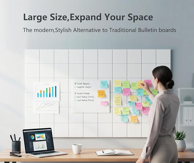 G Gamit Large Felt Wall Tiles Bulletin Board,Large Cork Board Alternative with 30 Pushpins,8-Pack Felt Pin Board with 56 Safe Removable Adhesive Tabs for Home Office School (White)