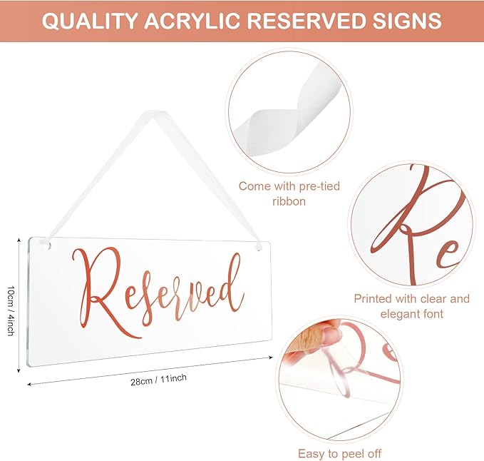 Blulu 6 Pcs Reserved Signs for Wedding Chairs Acrylic Tag Hanging with Ribbon for Wedding Reserved Signs for Important Events Church Pews Chair and Restaurant(Rose Pink)