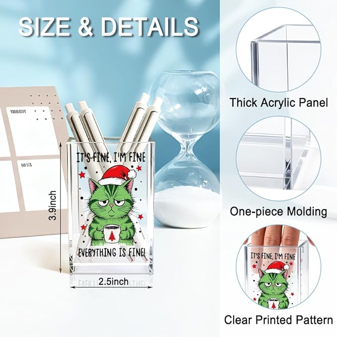 QYUVK It's Fine I'm Fine Everything Is Acrylic Makeup Brush Pencil Holder Cup, Funny Cat Pen Holder Gifts For Friends HR Nurse, Christmas Office Gifts for Women Coworker, Pencil Cup for Desk