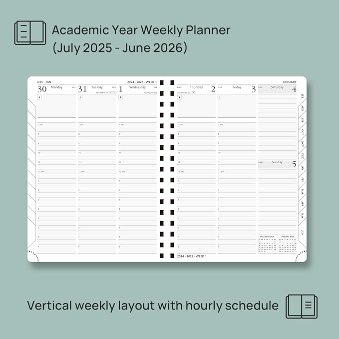 POPRUN Planner 2025-2026 (Medium - 6.5'' x 8.5'') Academic Weekly Calendar (July 2025 - June 2026) with Hourly Time Slots, Monthly Tabs, 100GSM Thick Papers, Spiral Leather Cover - Burgundy Red
