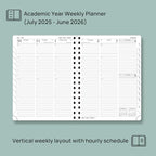 POPRUN Planner 2025-2026 (Medium - 6.5'' x 8.5'') Academic Weekly Calendar (July 2025 - June 2026) with Hourly Time Slots, Monthly Tabs, 100GSM Thick Papers, Spiral Leather Cover - Blue Green
