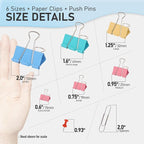 WORPSON 408 PCS Binder Clips Paper Clamps Assorted Sizes and Push Pins, Binding Paperwork Clamp Bulk, School Teachers Office Supplies (Multicolor)