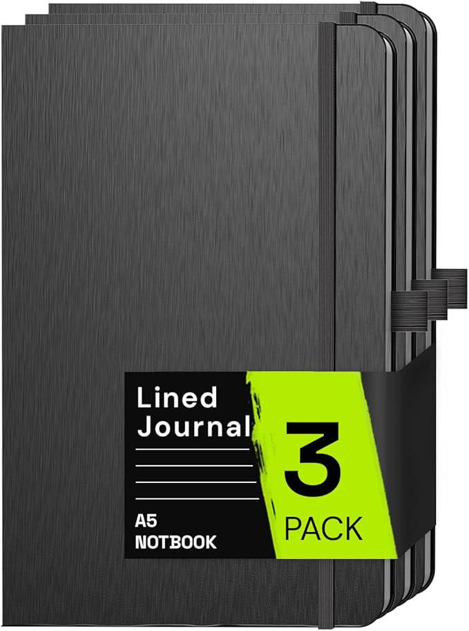ONAVIA A5 Lined Journal Notebook, 7mm College Ruled Notepad, Journaling for Writing, Work, School, Travel and Note Taking, Hardcover 160 Pages (80 Sheets) 5.79 x 8.3 inches (3 Pack Black)