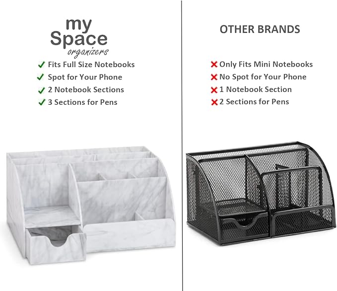 My Space Organizers Marble Desk Organizer For Office Supplies And Accessories - 9 Sections - Pencil Pen Holder Storage - Desktop Organization Decor Essentials (White Grey Marble)