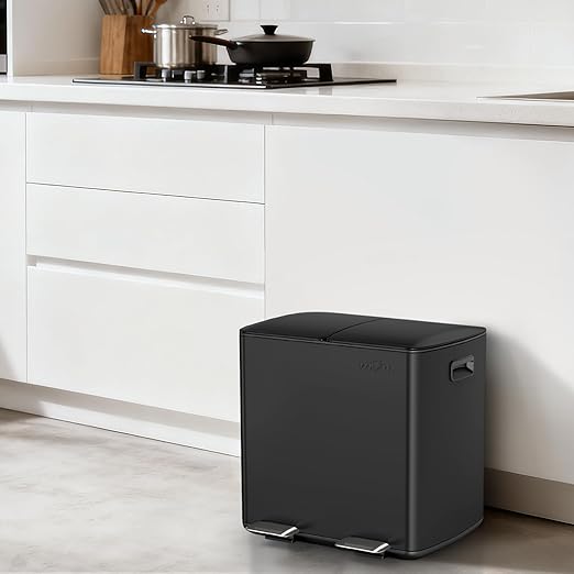 mVm Kitchen Trash Can,2x5.3Gallon(2x20L) Double Trash cans and Recycle Bin Combo with Lid and Anti-Fingerprint,Foot-Pedal,Soft-Close.Stainless Steel Garbage Can for Kitchen,Living Room(Matte Black)