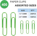 Vinaco Green Paper Clips, 400PCS Medium and Jumbo（1.3 inch & 2 inch） Paper Clips, Durable and Rustproof, Coated Large Paperclips Great for Office School Document Organizing (Green)