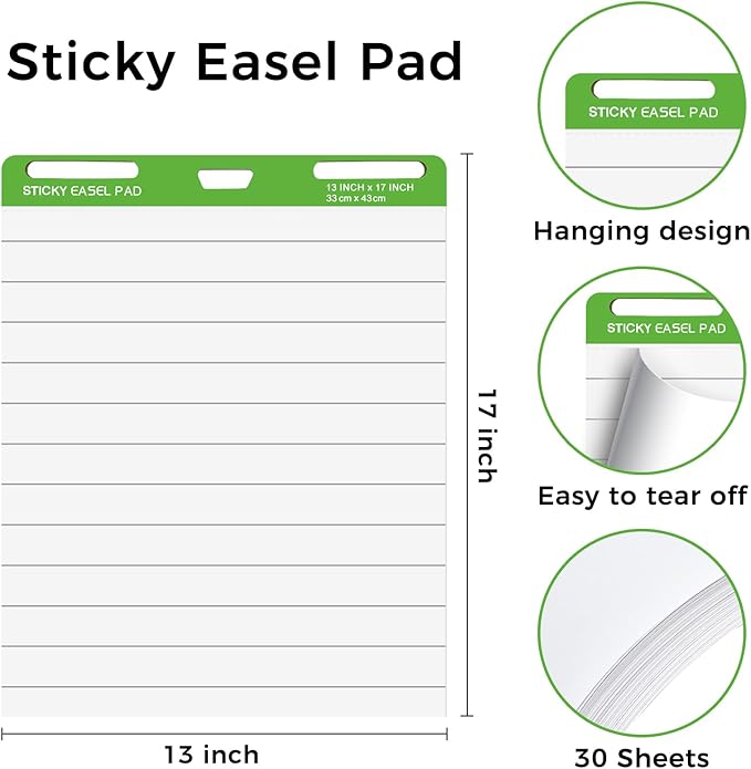 DINGIXOC Sticky Mini Easel Pads 13 x 17 Inches, 3 Pack Anchor Chart Paper for Teachers, Self Stick Flip Chart Paper with Sticky Back for Classroom, Office, 30 Sheets/Pad (Lined)