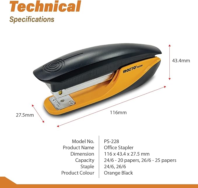 INOZTO Ergonomic Stapler, 20 Sheet Capacity & 100 Staples Storage, with Staple Remover & Non-Slip Base, for Office, School, Home Use, Custom Logo & Colors