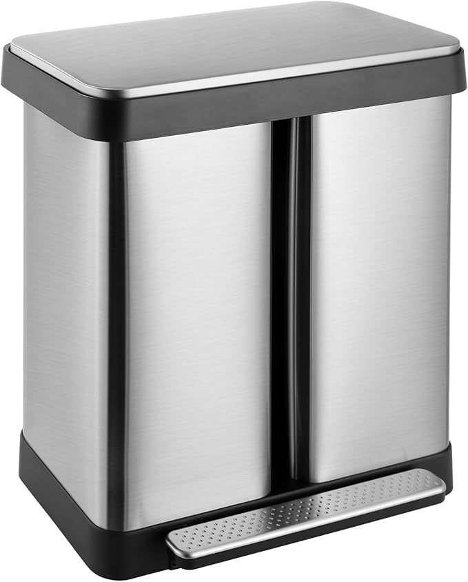 ComfyCorner 16 Gallon Dual Compartment Trash Can, Hands-Free Recycling Rectangular Garbage Bin, Stainless Steel Step-On Dustbin with Soft-Close Lid, Removable Inner Buckets, for Kitchen Home