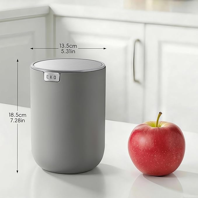 EKO Fandy 0.58 Gal/2.2L Mini Trash Can with Lid, Swing-Top Desktop Trash Can for Bathroom, Countertop, Vanity, Desk or Office, Small Garbage Bin (Grey)