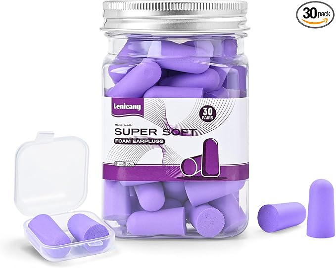 Lenicany 30Pair Soft Foam EarPlugs, 32dB Disposable Sound Blocking Noise Cancelling Ear Plugs for Concerts Loud Music/Shooting Guns/Work Construction, Hearing Safety Protection(Purple)