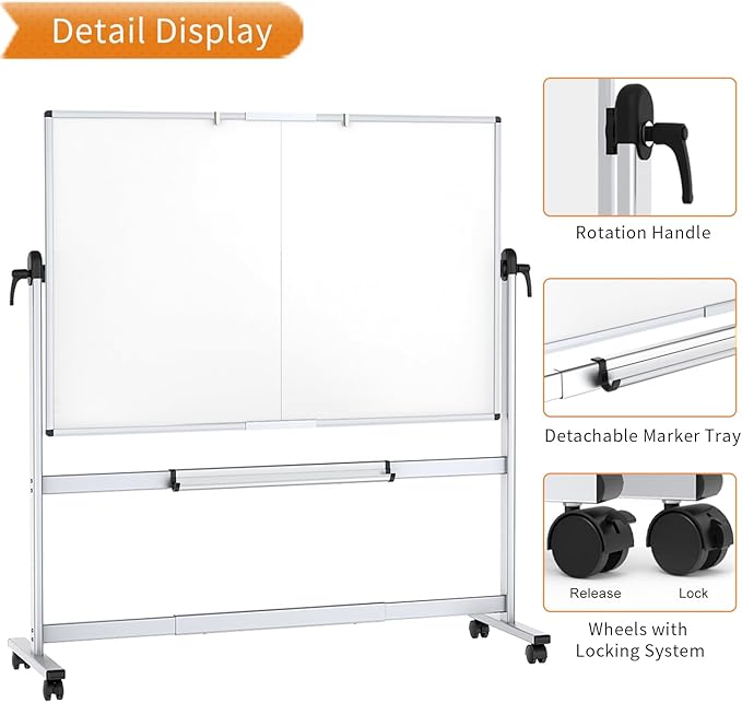 VIZ-PRO Double-Sided Mobile Whiteboard, 72 x 40 Inches, Magnetic Rolling Dry Erase White Board on Wheels with Aluminium Frame and Stand
