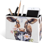 Famame Cow Eating Pink Flowers Pencil Holder for Desk, Leather Desktop Container Pen Cup Storage Study Table Pen Organizer Makeup Brush Holder for Classroom Office Home