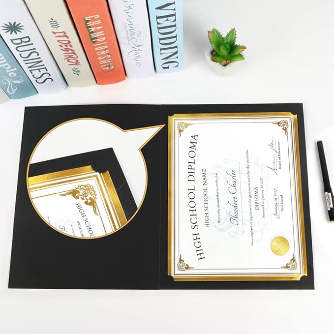 SUNEE 10 Packs Black Certificate Holders, 250gsm, for 8.5x11 Award Certificates, Certificate Covers with Gold Foil Border