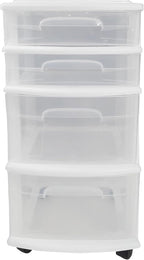 HOMZ 2-Pack Drawer Tower, 4-Tier Clear Plastic Storage Organizer Cart, White Frame - Organizing Containers with Wheels for Home, Bathroom, Bedroom, Office, and Classroom