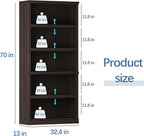 blini 5-Shelf Tall Bookcase Wooden Bookshelves 33in Wide Floor Standing Display Storage Book Shelves 70 in Dark Cherry Bookcase for Home Office, Living Room, Bed Room
