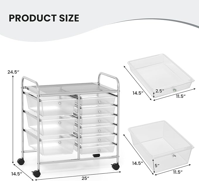 LDAILY 9 Drawer Rolling Storage Cart, Rolling Cart with Drawers for Classroom, Art Supply Craft Organizer on Wheel with Metal Frame & Handles for Home Office School
