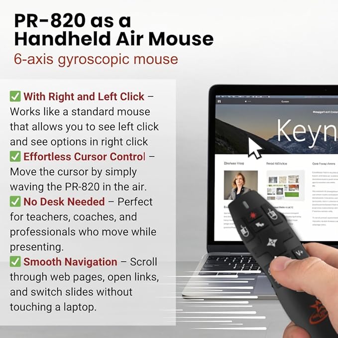 PR-820 Wireless Presentation Clicker with Laser Pointer, PowerPoint Clicker with Air Mouse, Remote for Slideshows, Google Slides, Keynote & Smartboards, Mac/PC Compatible