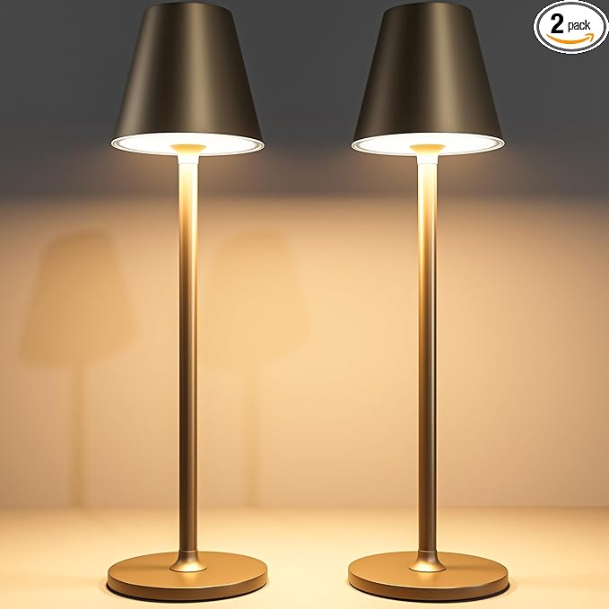 Timjorman 2-Pack Cordless Table Lamps - 5000mAh Rechargeable Battery Operated Desk Lamp, 3-Level Dimmable LED Night Light for Bedroom, Dining, Restaurant - Metal Design(Khaki-2Pack)