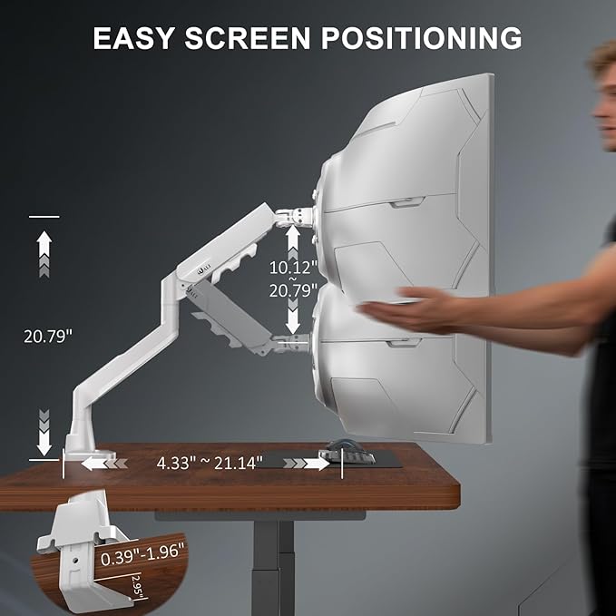 WALI Heavy Duty Single Monitor Arm for 17-49 Inch Flat Curved Ultrawide Screens, up to 33 Lbs, Adjustable Gas Spring Single Monitor Desk Mount for Home Office Gaming, VESA 75/100mm (GSM001XLNW), White
