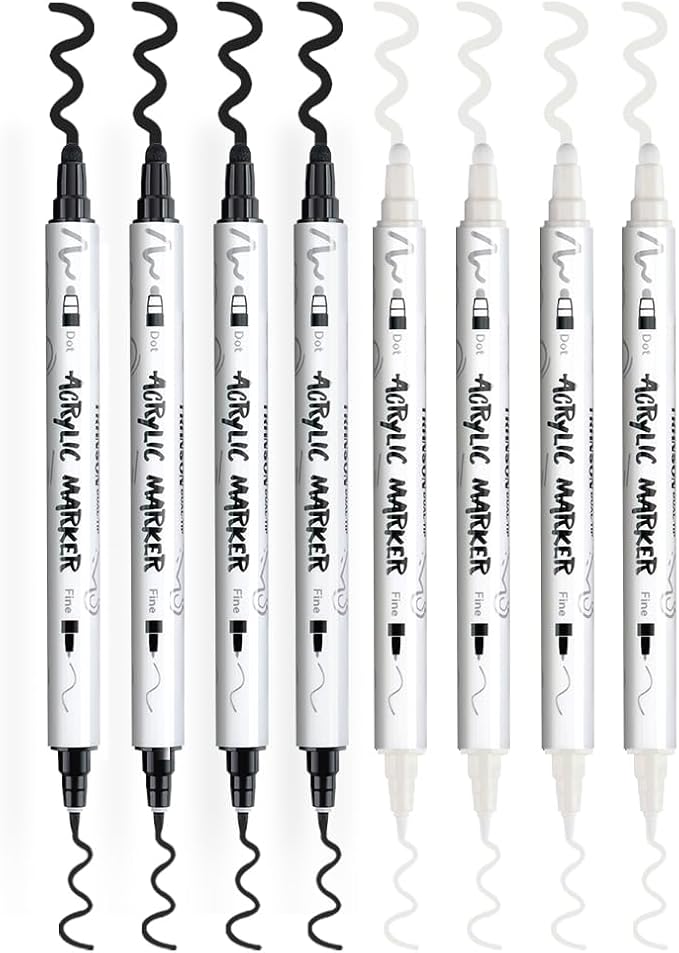 TRANSON 4 Black and 4 White Paint Markers Bold and Fine Dual-tip Acrylic Paint Marker Set for Rock Painting Glass Canvas Wood Leather Ceramic Painting